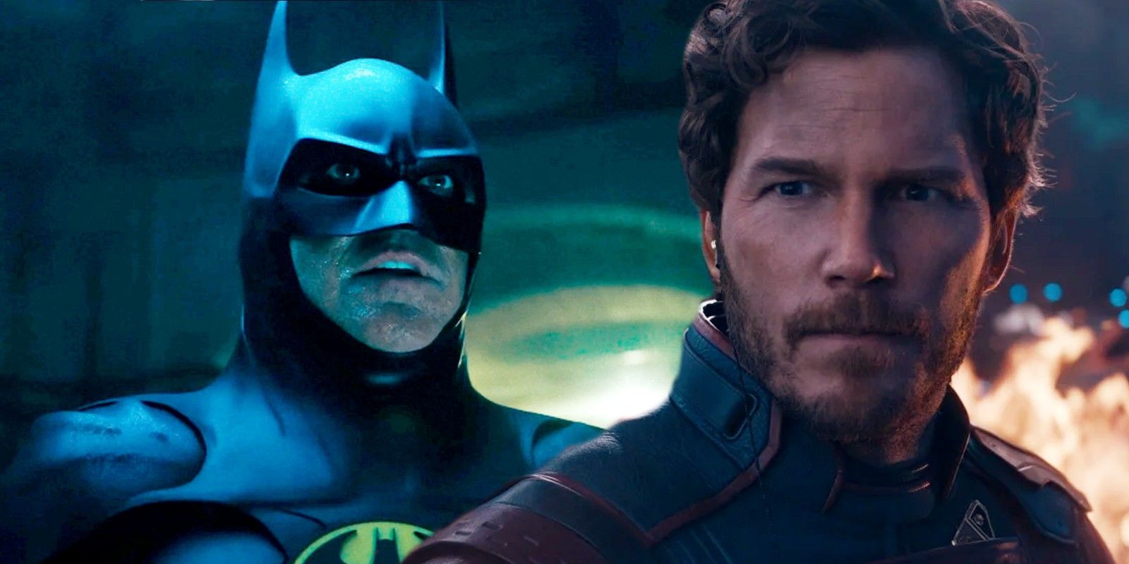 Michael Keaton's Batman in The Flash next to Chris Pratt's Star-Lord in Guardians of the Galaxy Vol. 3