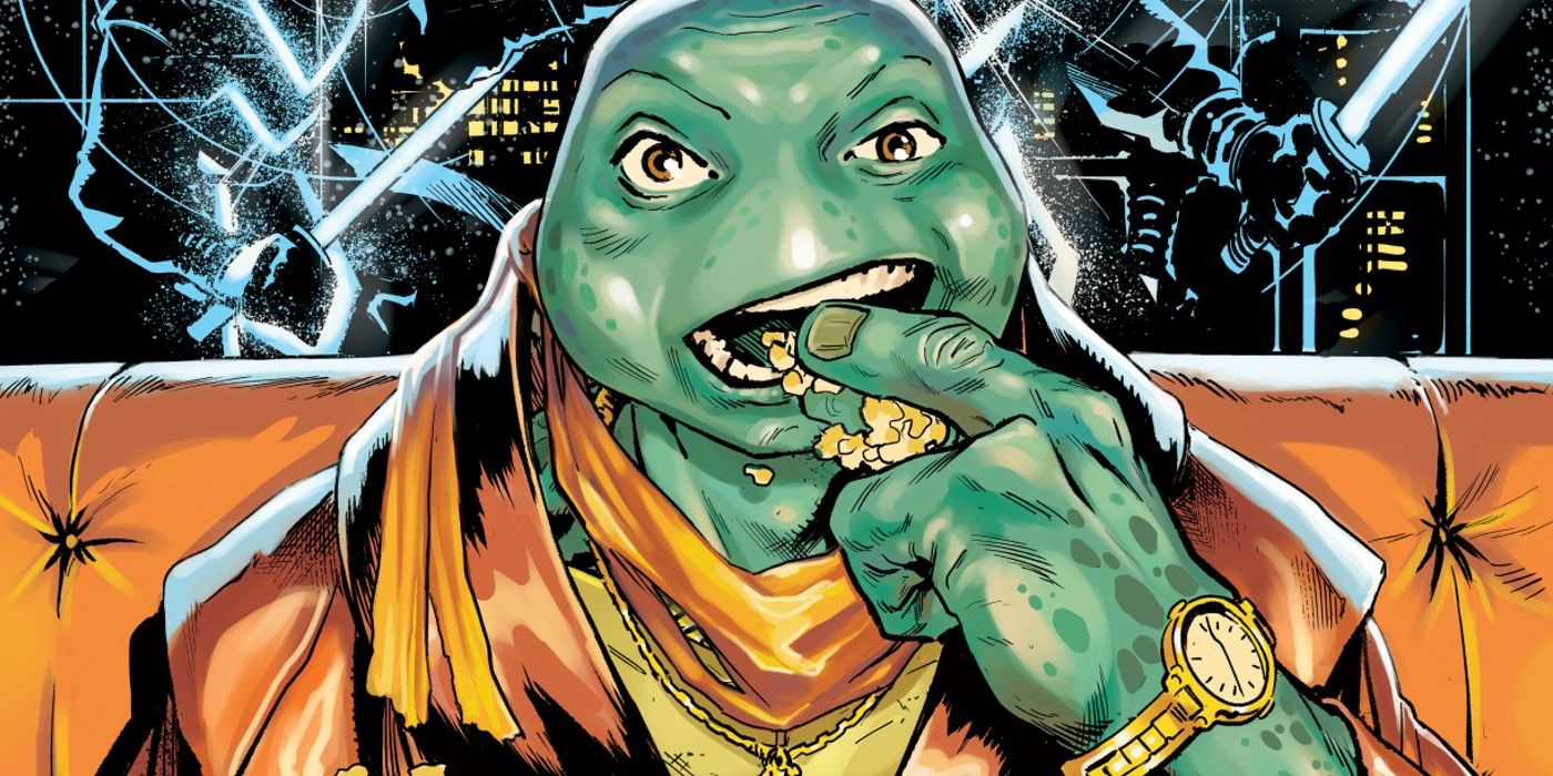 Michelangelo of the Teenage Mutant Ninja Turtles eats popcorn