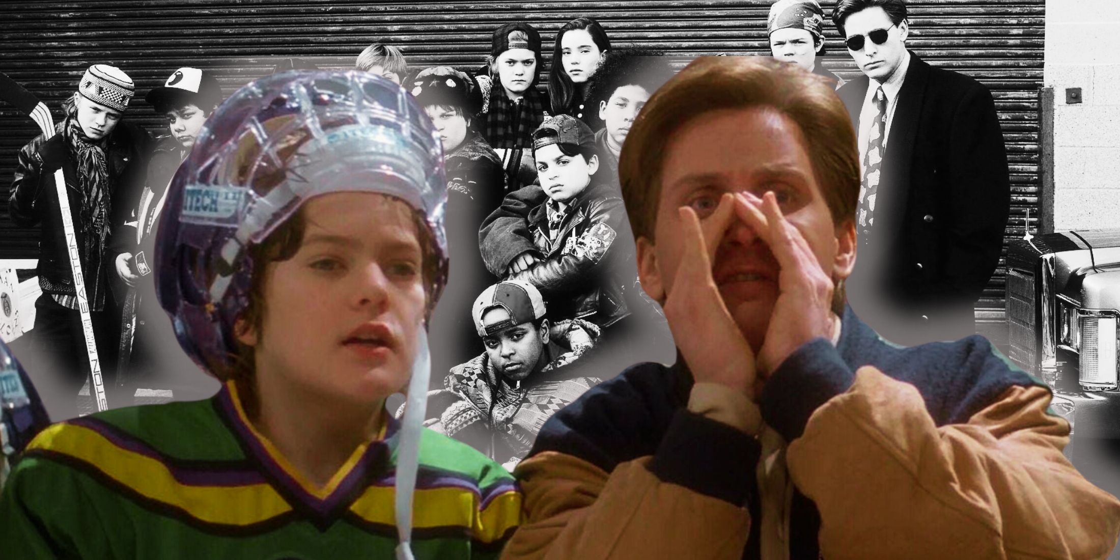 Mighty Ducks characters Charlie and Bombay talking to someone at a hockey game with the original team in black and white behind them