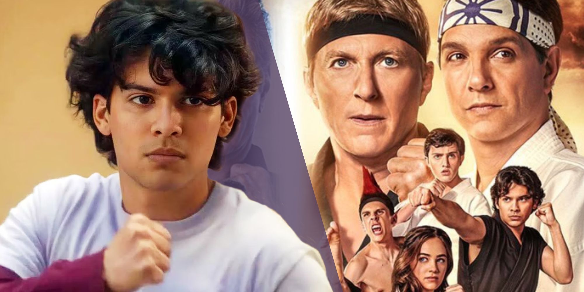 Xolo Maridueña raising his fists as Miguel Diaz next to the poster for Cobra Kai season 4 (2021)