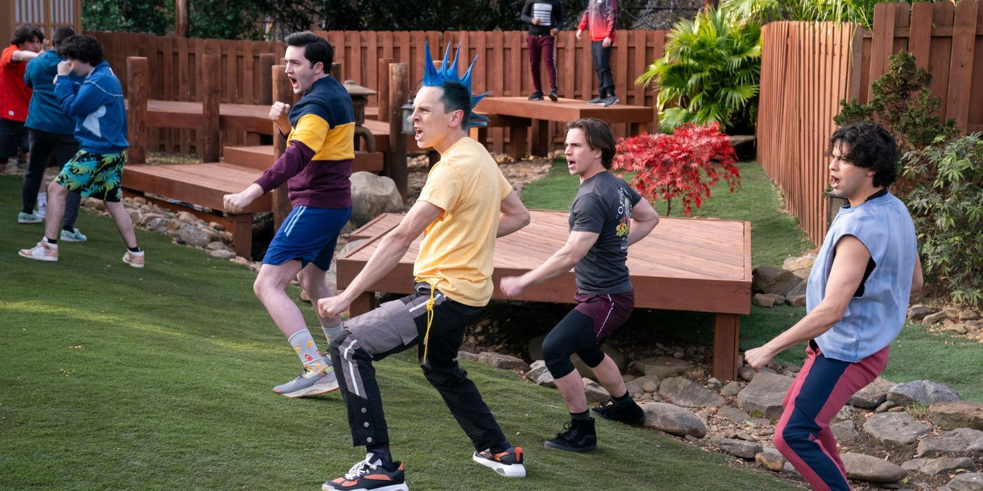 Miguel (Xolo Maridueña), Robby (Tanner Buchanan), Hawk (Jacob Bertrand), and Demetri (Gianni DeCenzo) training at Miyagi-do dojo in Cobra Kai season 6