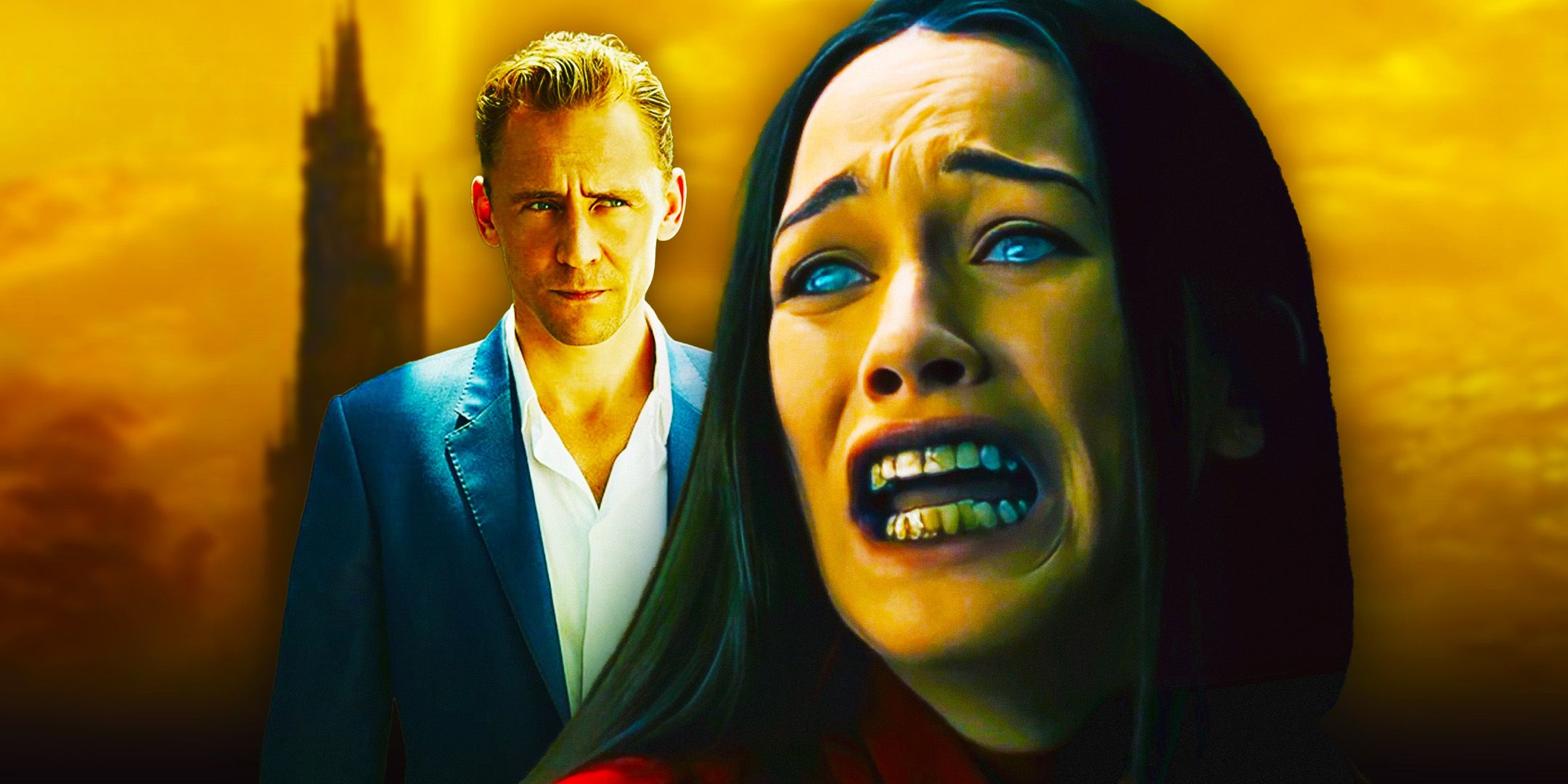 Collage of Tom Hiddleston with Victoria Pedretti in Mike Flanagan's The Haunting of Hill House and The Dark Tower art in the background