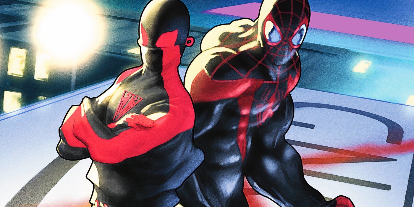 Miles Morales and Shift stand back-to-back.
