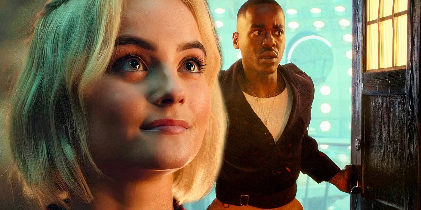Millie Gibson as Ruby Sunday smiling in Doctor Who while Ncuti Gatwa enters the Tardis