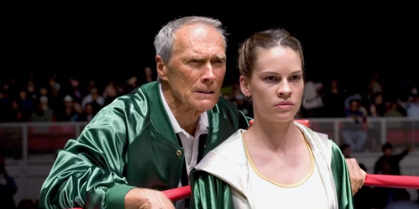 O treinador do Million Dollar Baby, Clint Eastwood, prepara a personagem de Hilary Swank no ringue 