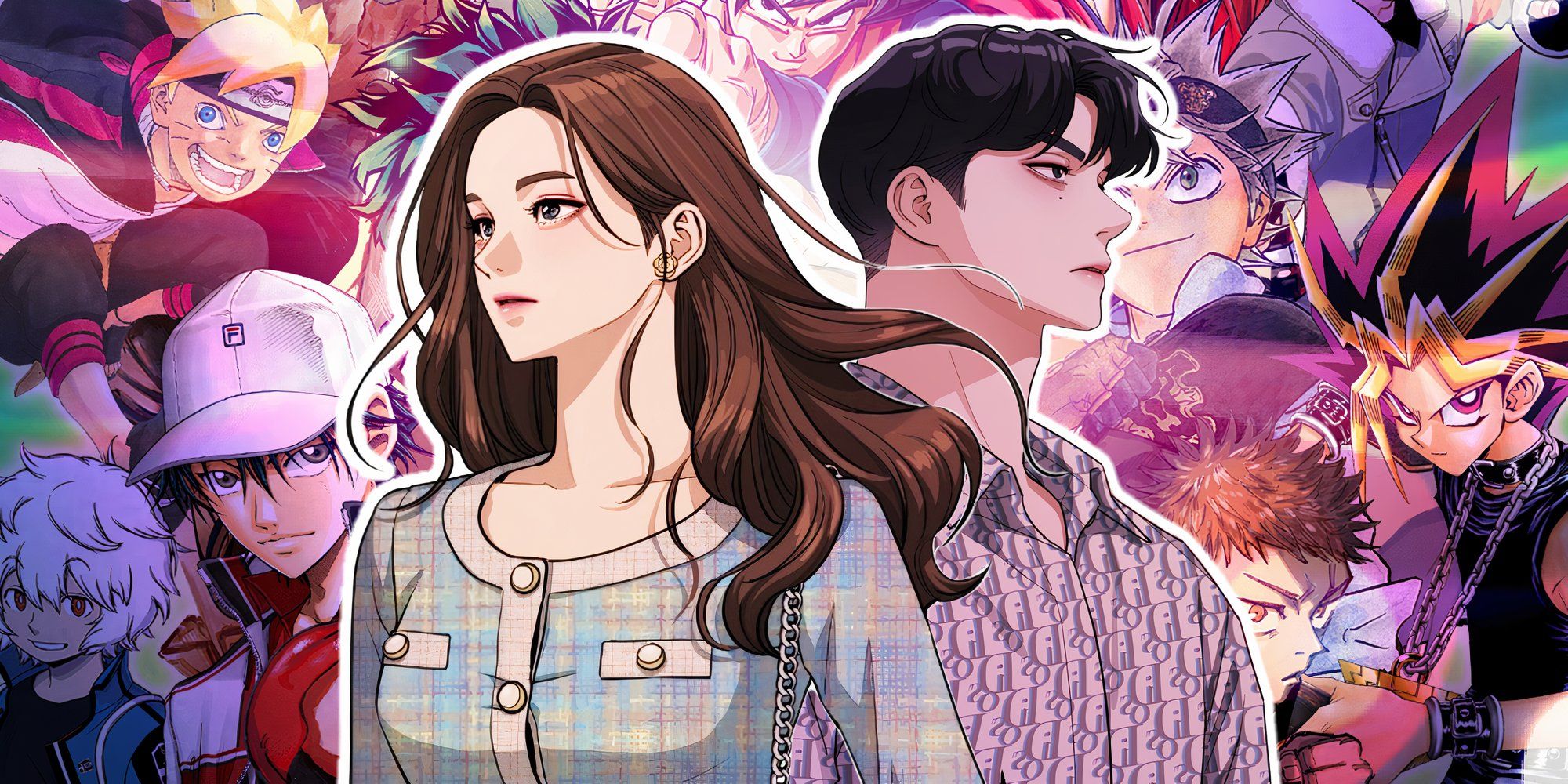 minyoung and iseop from the webtoon iseop's romance in the center with manga characters from shonen jump in the background