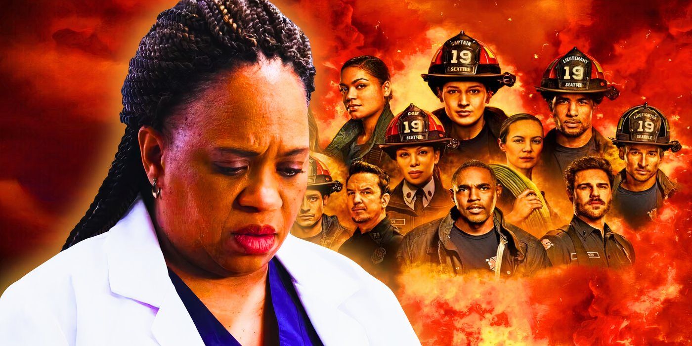 Miranda Bailey (Chandra Wilson) looking concerned in Grey's Anatomy season 20 and the cast of Station 19 in a fiery promo poster