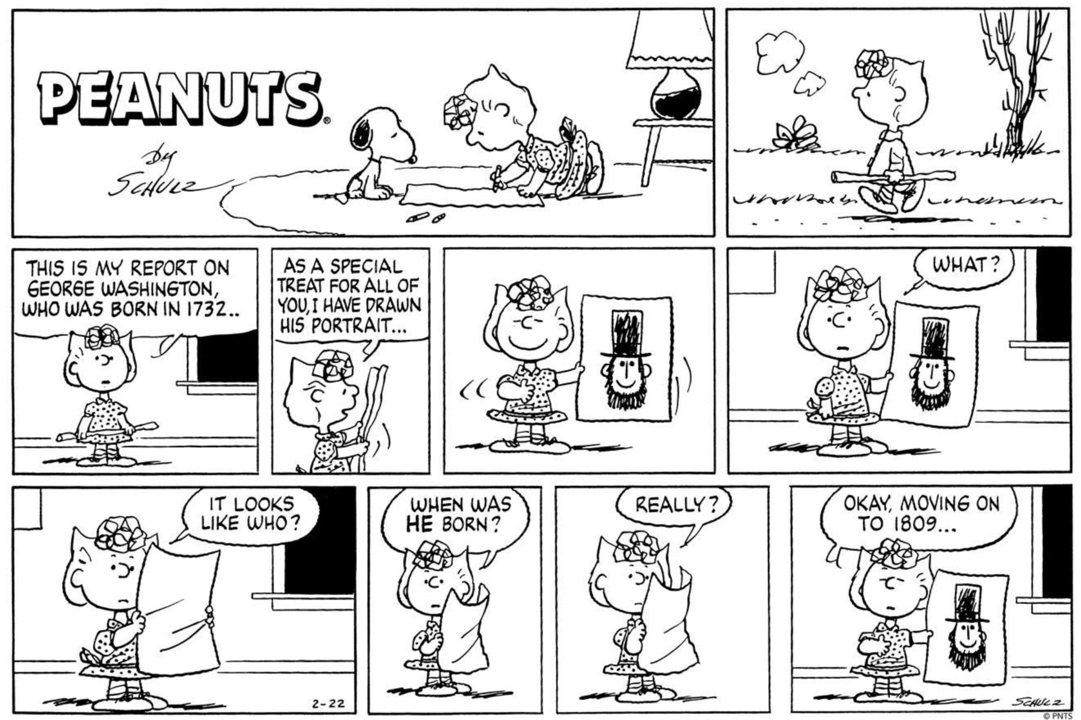 Sally giving a presenation in Peanuts.