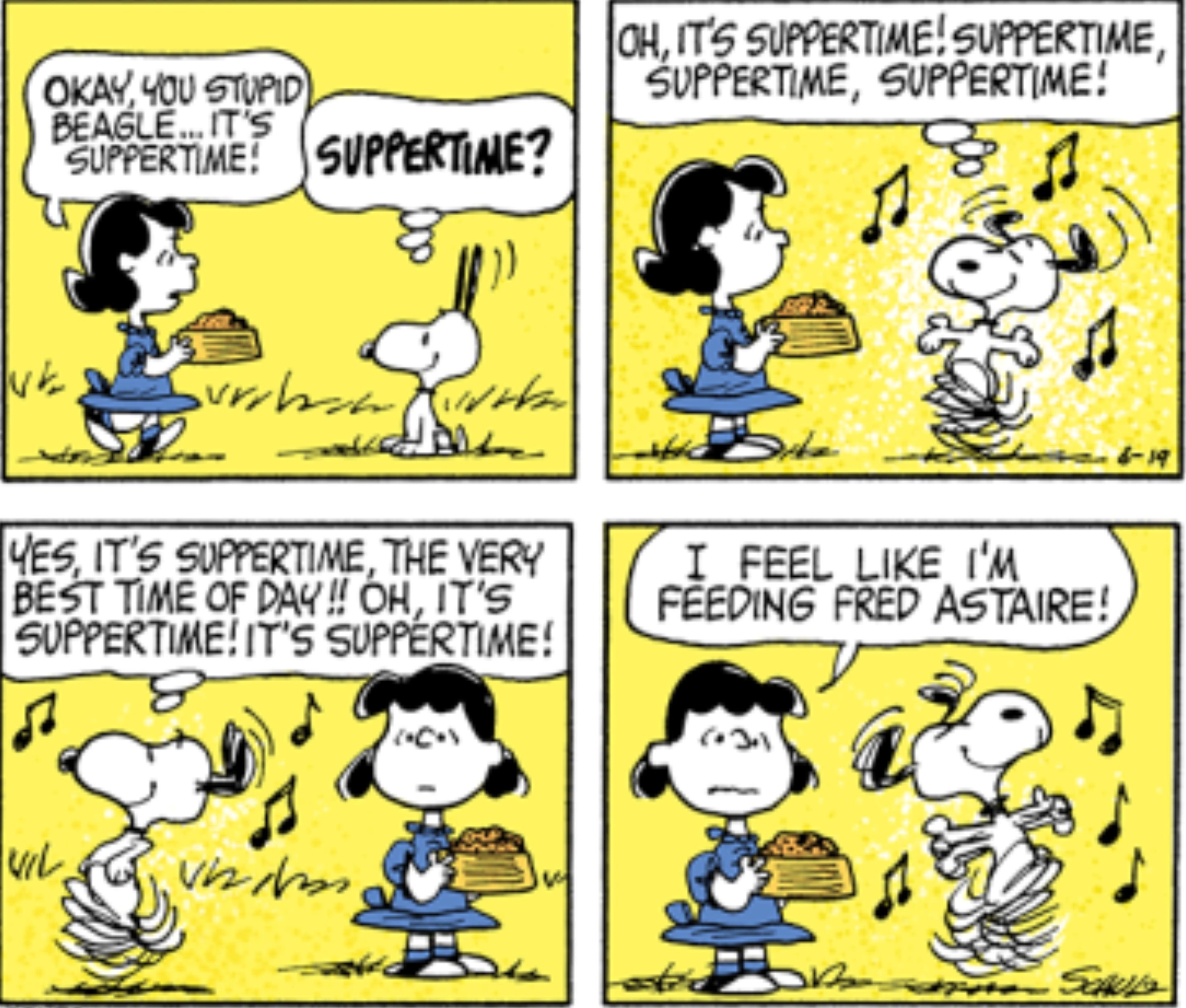 Snoopy dancing like Fred Astaire in Peanuts.
