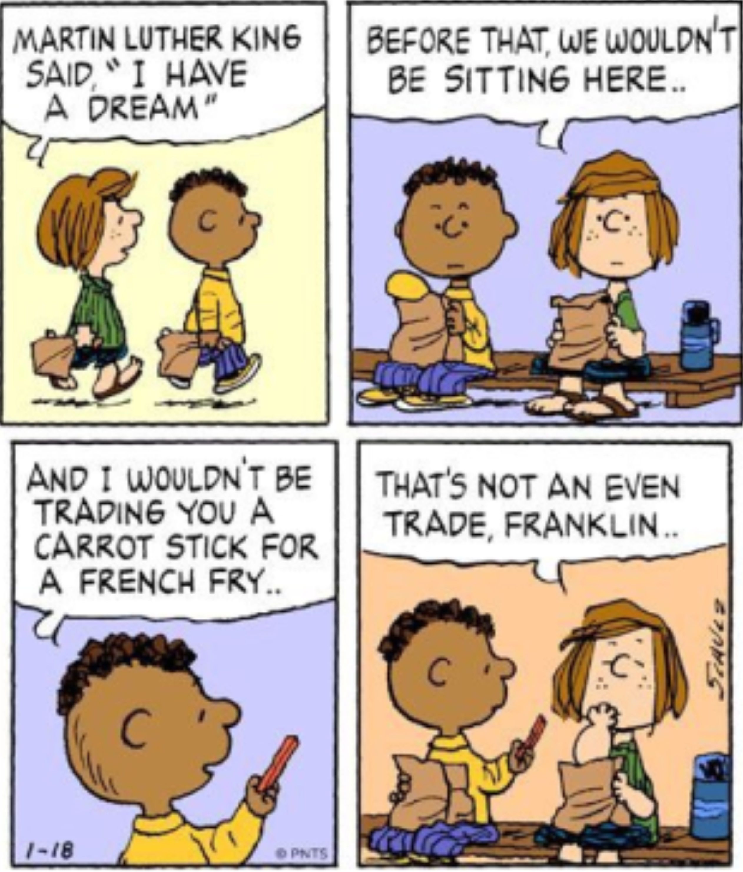 Franklin and Peppermint Patty in Peanuts.
