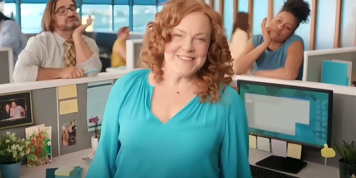 Rachel Stutt sorrindo em um escritório no comercial da Jardiance