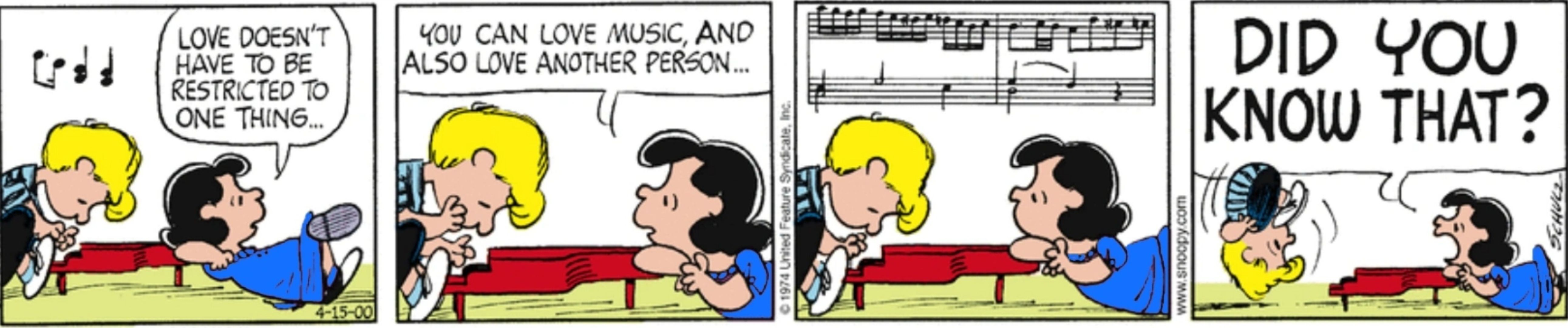 Lucy and Schroeder in peanuts.