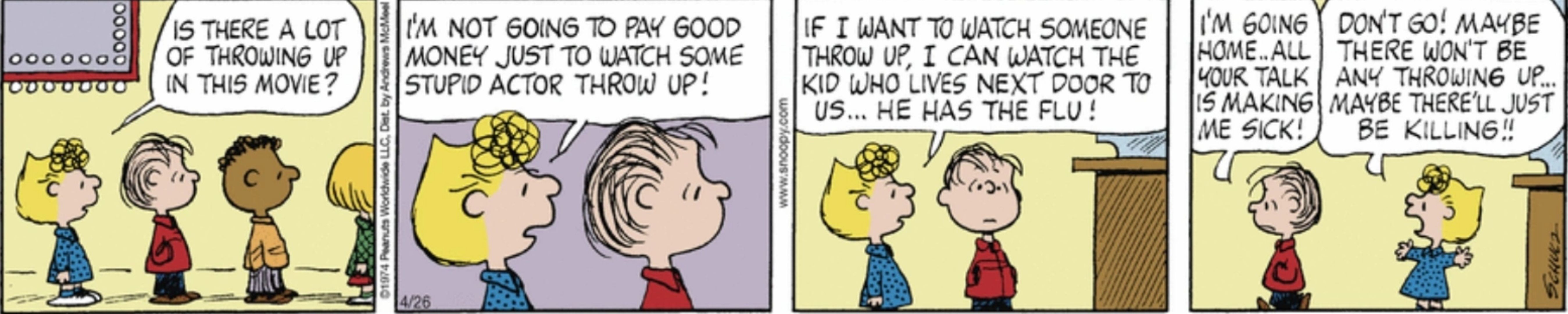 Sally e Linus na fila do Peanuts.