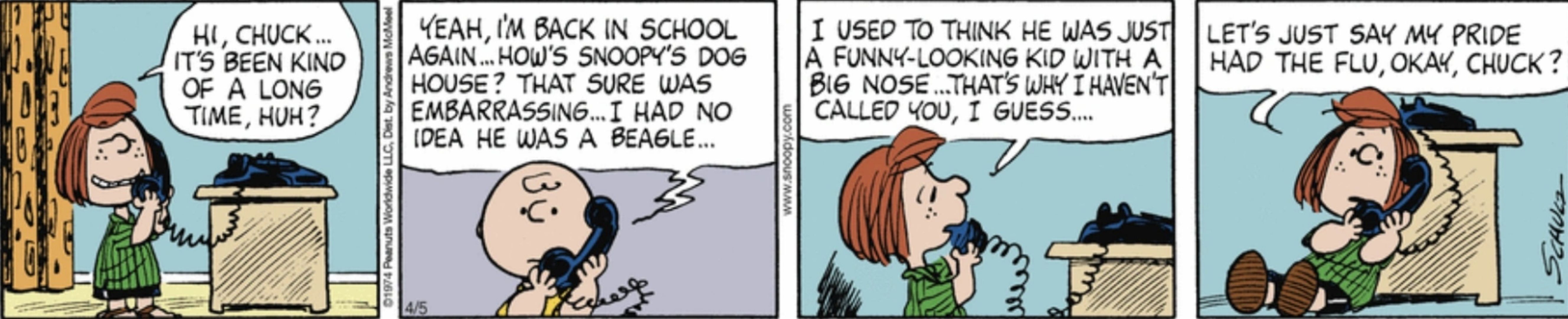 Peppermint Patty and Charlie Brown on the phone in Peanuts.