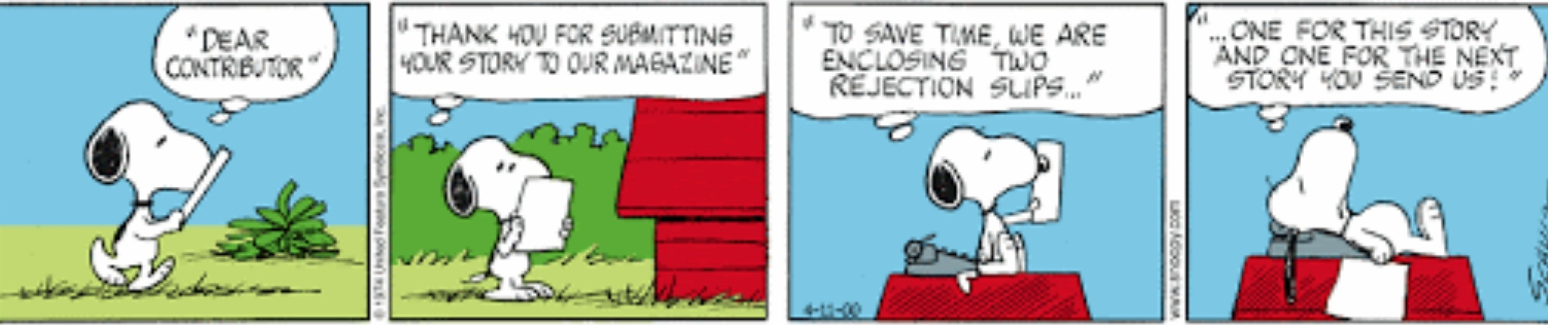Snoopy getting a rejection letter in Peanuts.