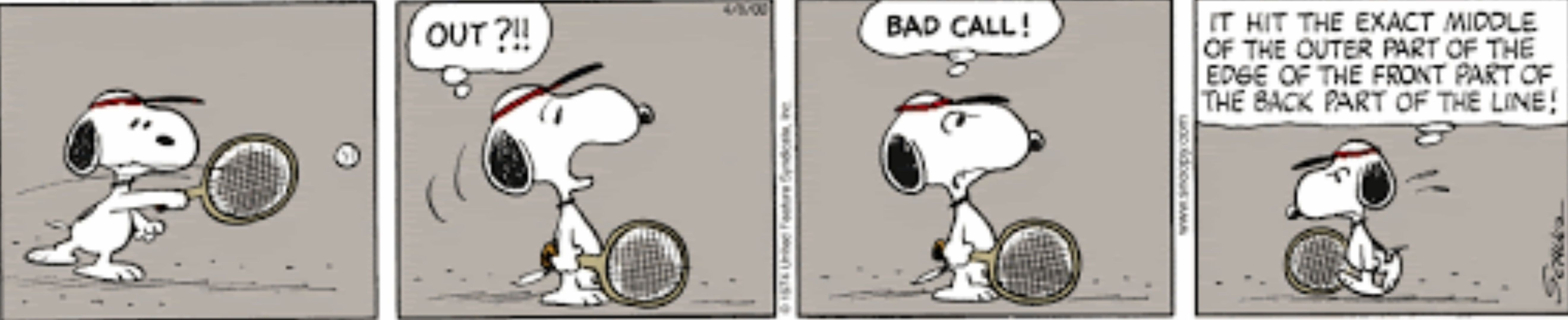 Snoopy com uma raquete de tênis em Peanuts.