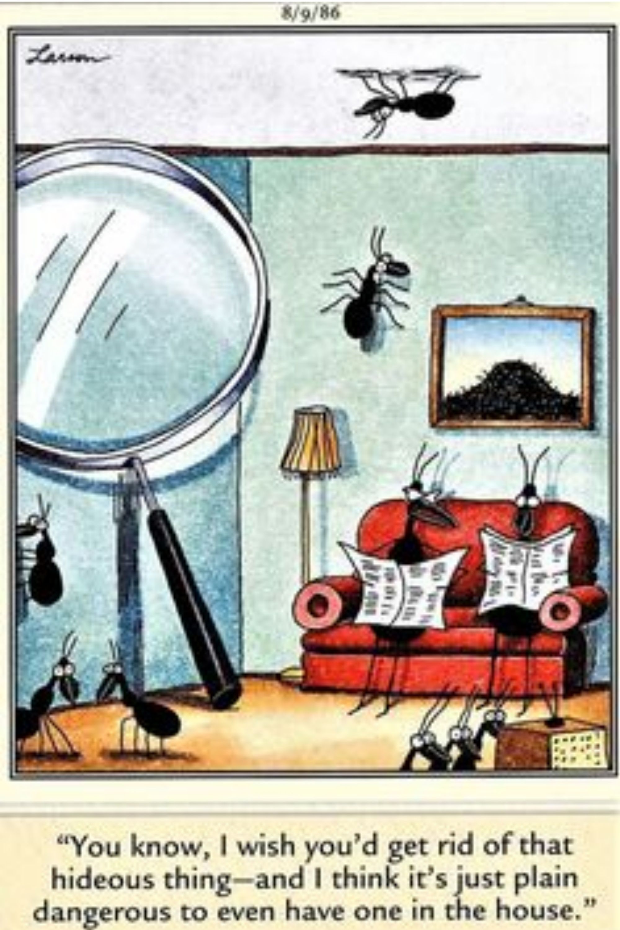 Ants and a magnifying glass in Far Side.