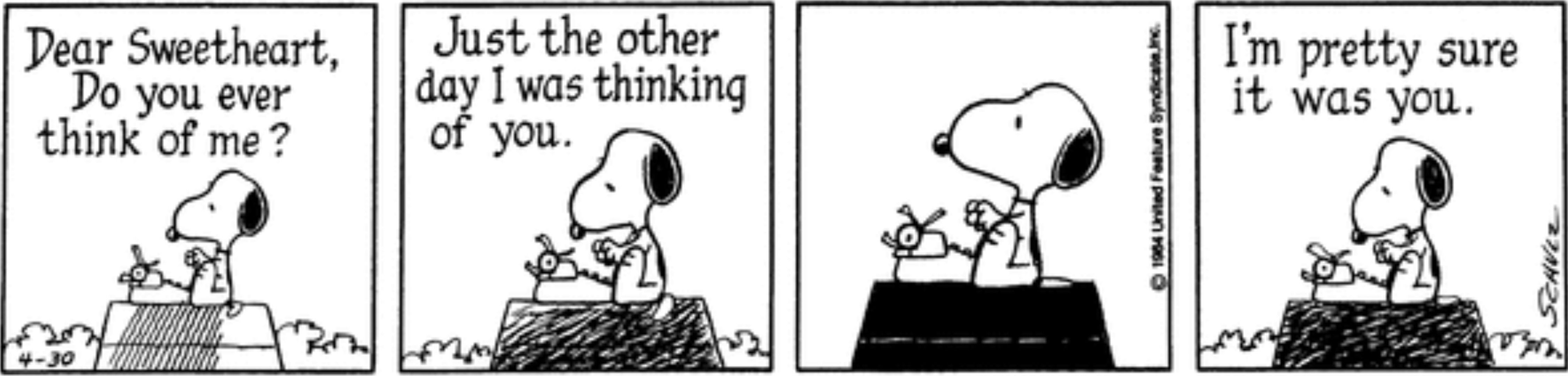 Snoopy writing on his typewriter in Peanuts.
