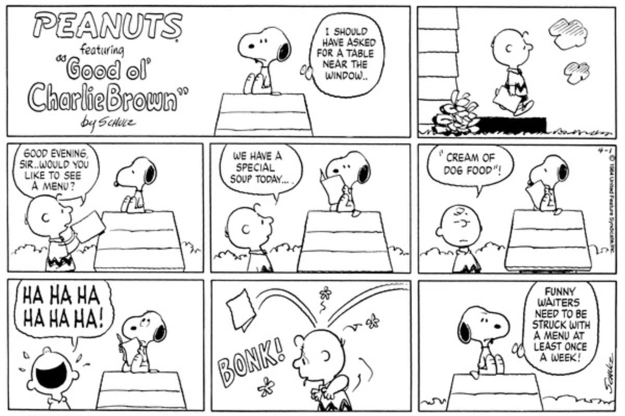 Snoopy throwing a menu at Charlie Brown in Peanuts.