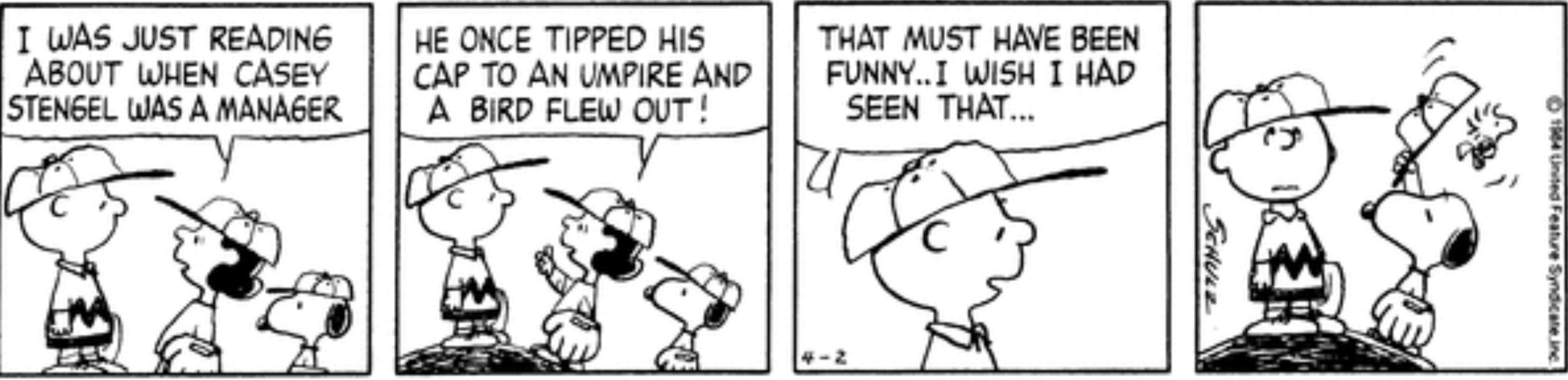 Charlie Brown, Lucy, and Snoopy on the baseball field in Peanuts.