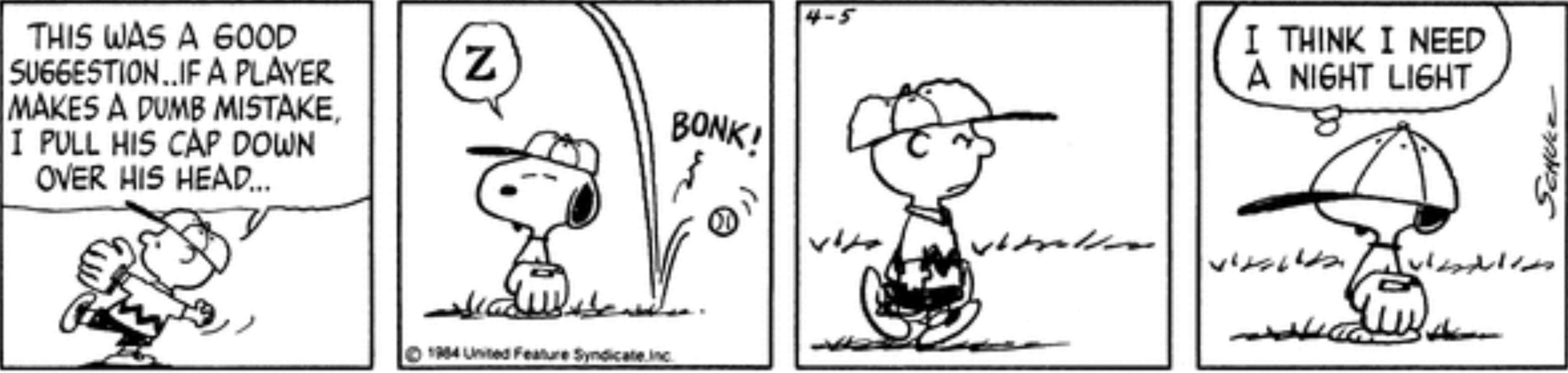 Snoopy getting hit on the head with a baseball in Peanuts.