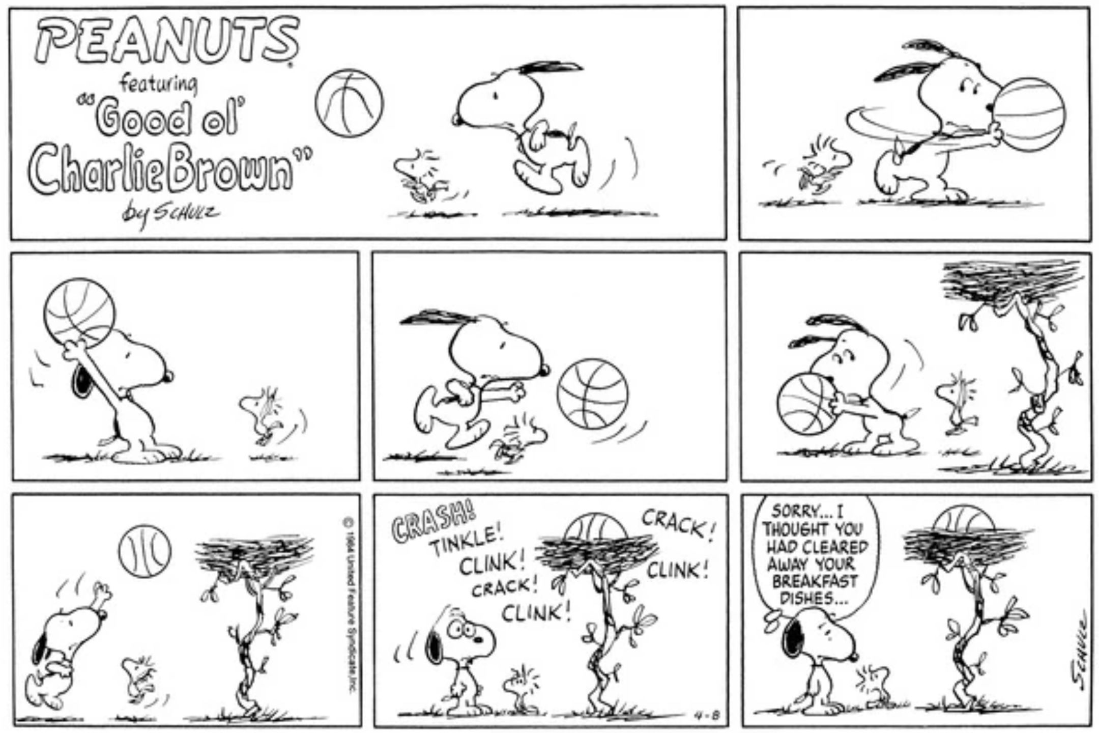 Snoopy's basketball crashing into Woodstock's nest in Peanuts.