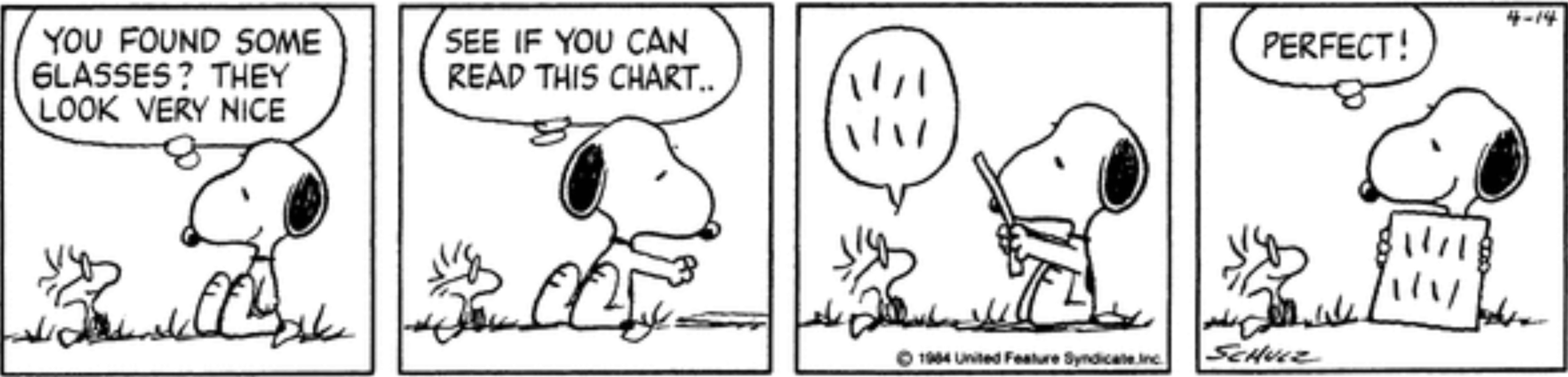 Snoopy giving Wodstock an eye exam in Peanuts.