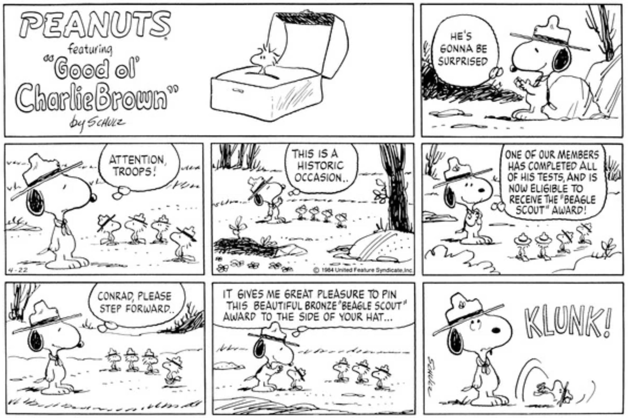 Snoopy and the Beagle Scouts in peanuts.