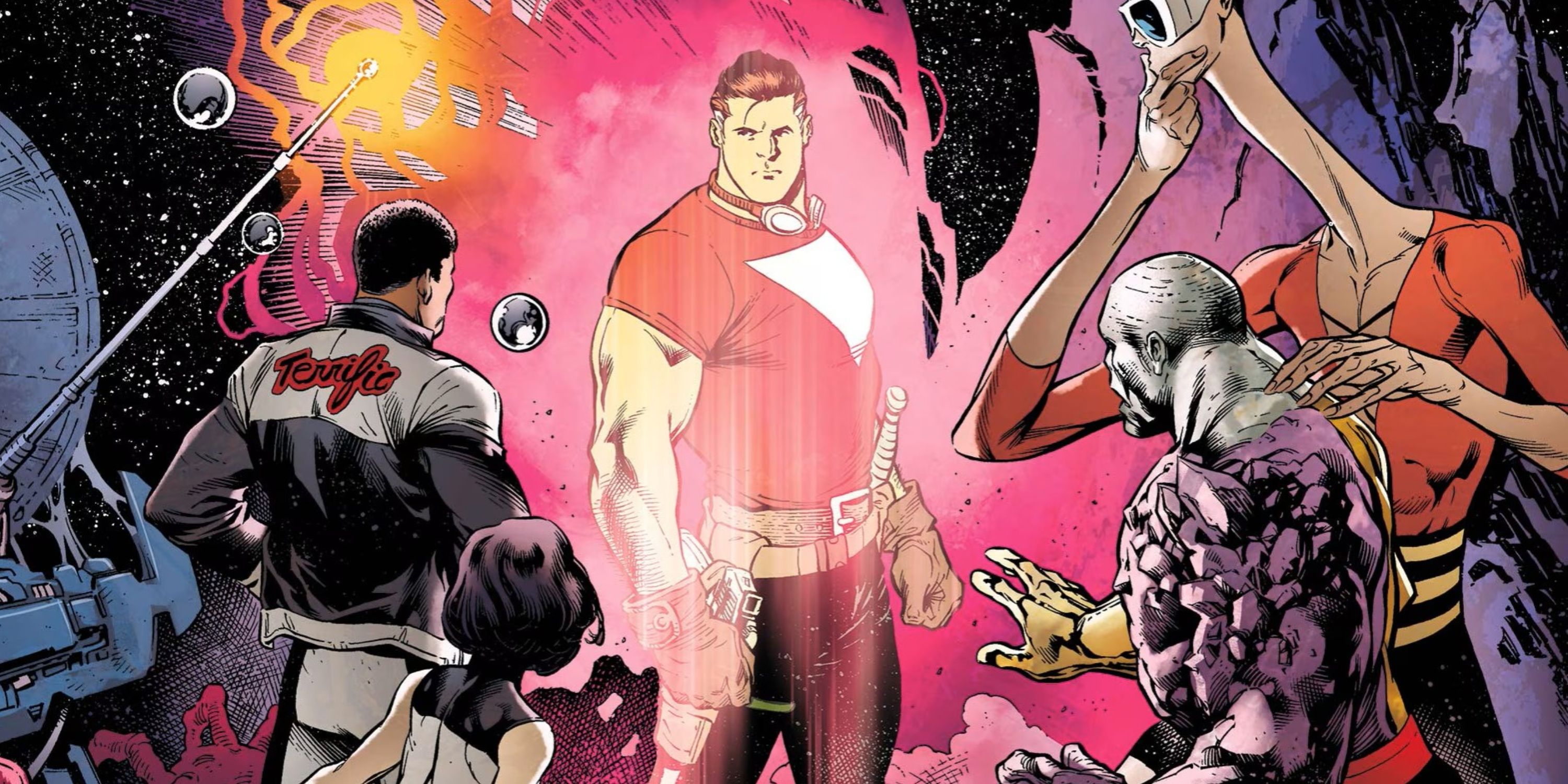 The Terrifics team stand around Tom Strong.