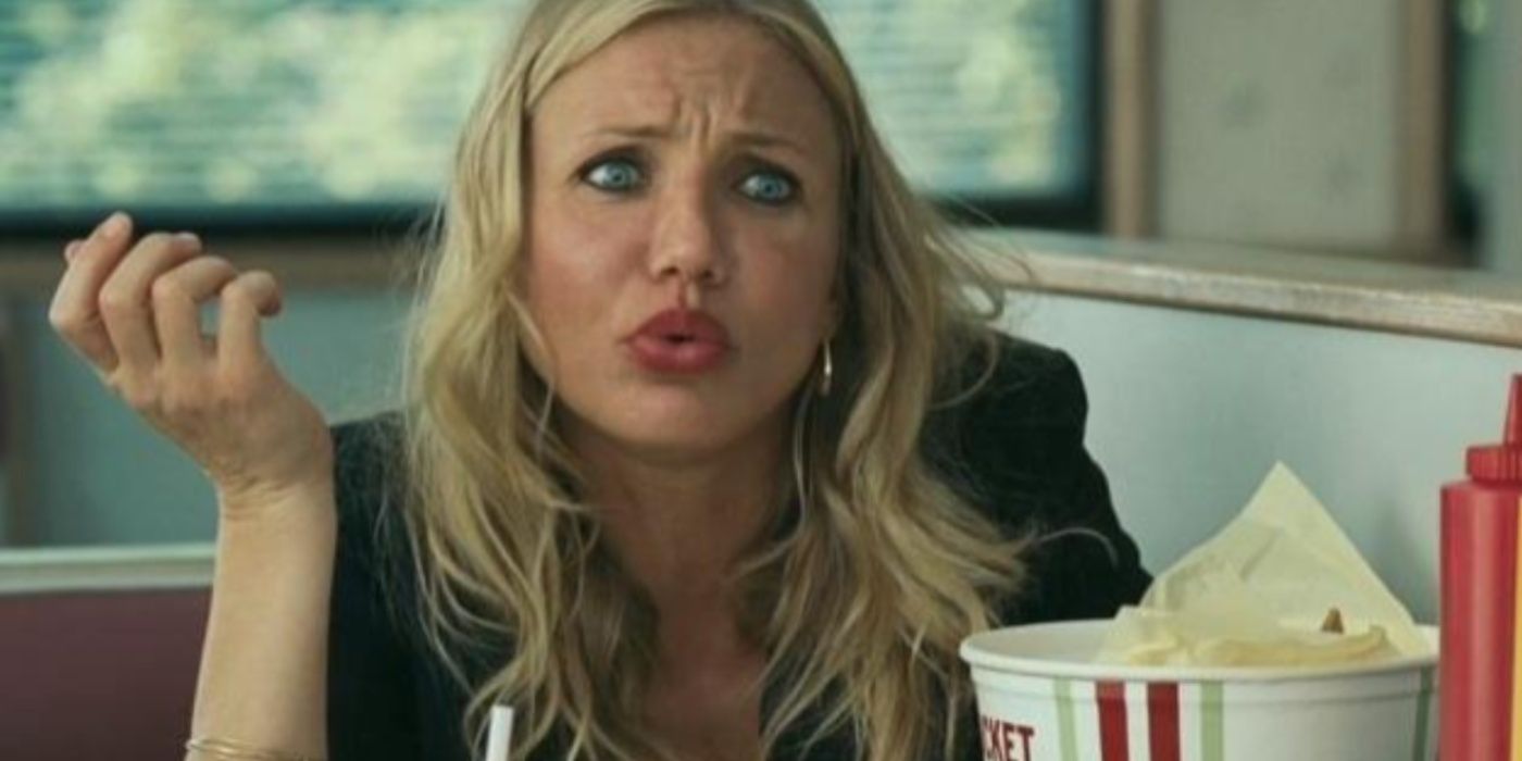 Elizabeth (Cameron Diaz) looks annoyed as she eats a bucket of chicken in Bad Teacher