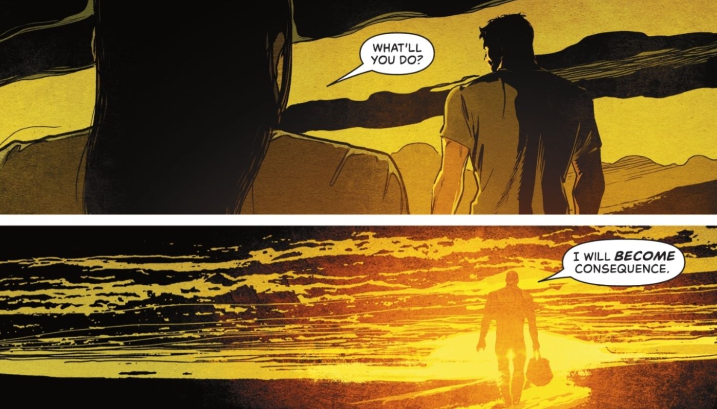 Comic book panels: Bruce Wayne declares that Batman will become consequence as he walks into the sunset.