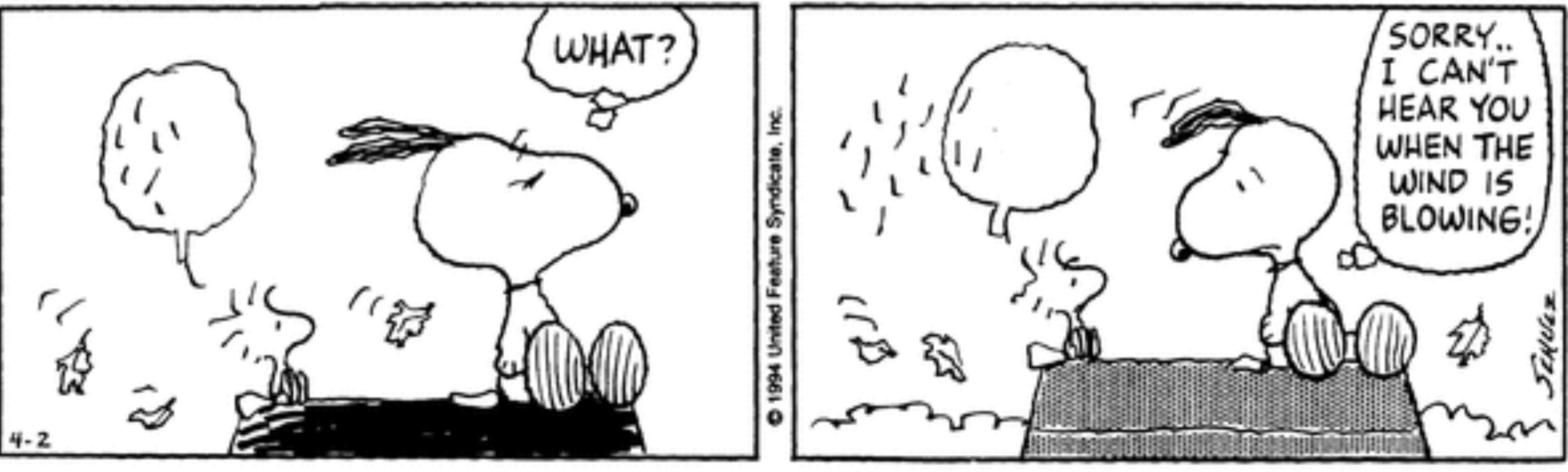 Peanuts, the wind blows away Woodstock's speech bubble.