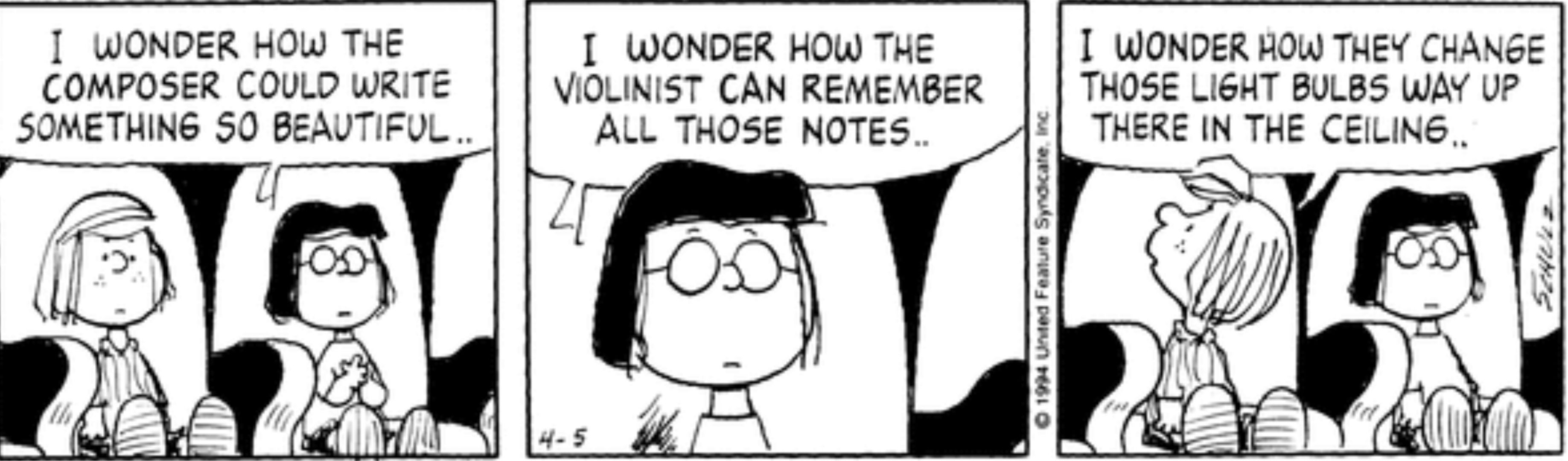 Peppermint Patty is distracted by light bulbs while Marcie enjoys an orchestral performance.