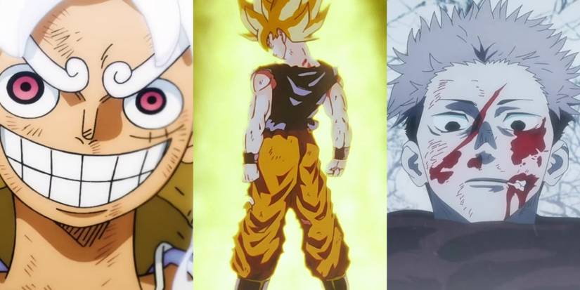 A three-image collage. On the left, Monkey D. Luffy grins with the white hair and red eyes of Gear 5 in One Piece. In the middle, Goku is enveloped with the golden aura of Super Saiyan Mode in Dragon Ball Z. On the right, Yuuji Itadori looks down coldly with blood streaked across his face in Jujutsu Kaisen.