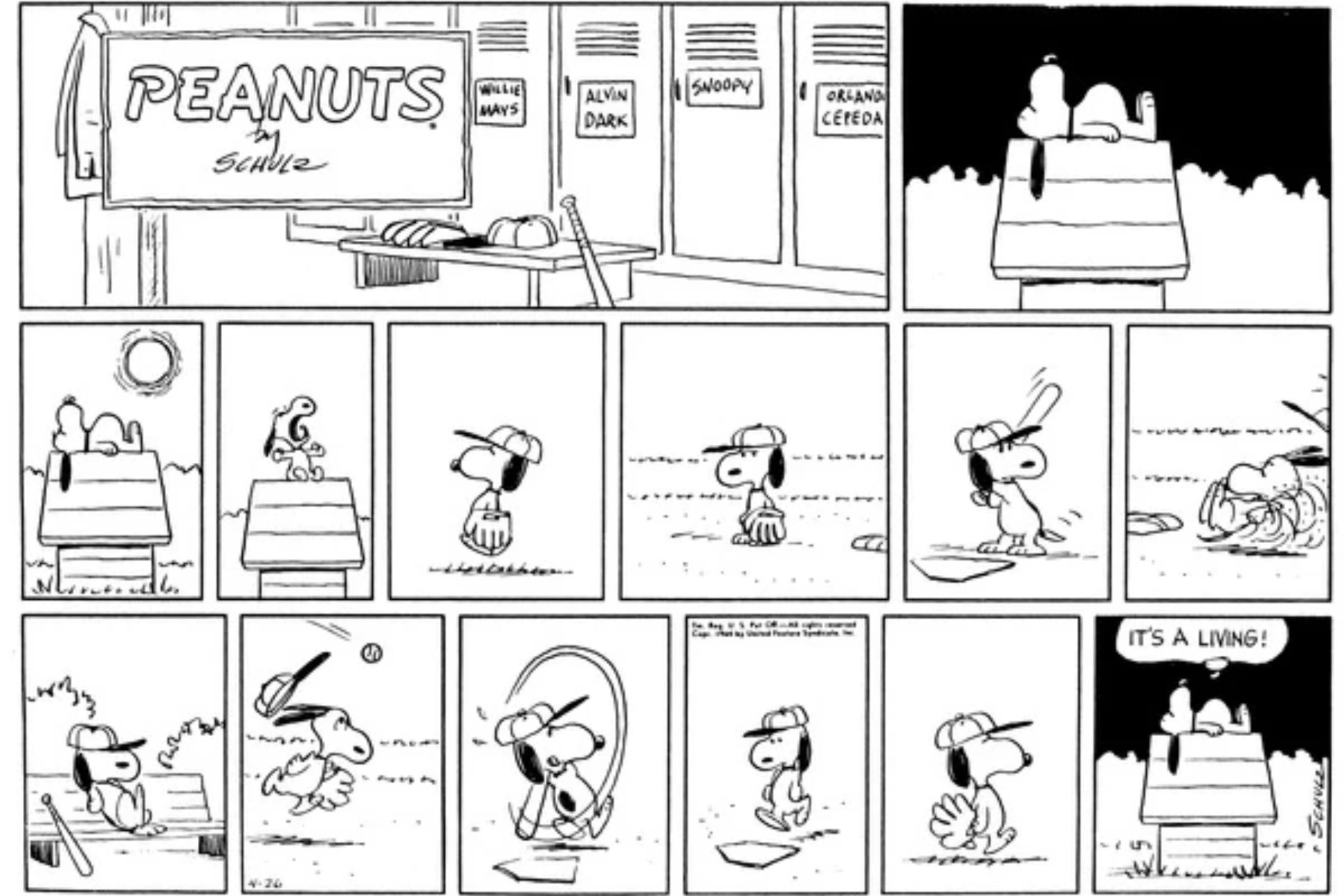 Snoopy hitting a baseball in Peanuts.