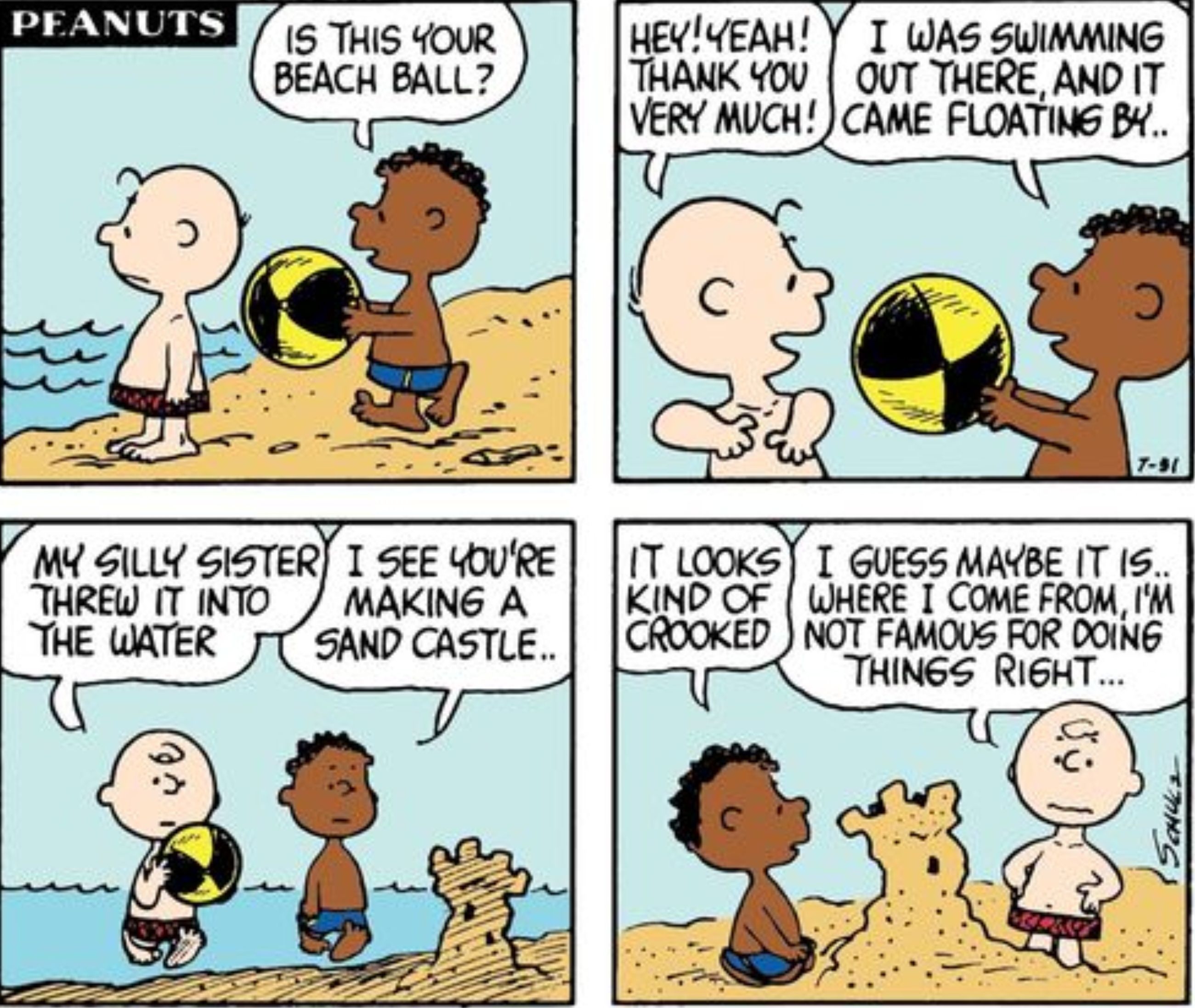 Charlie Brown and Franklin with a sandcastle in Peanuts.