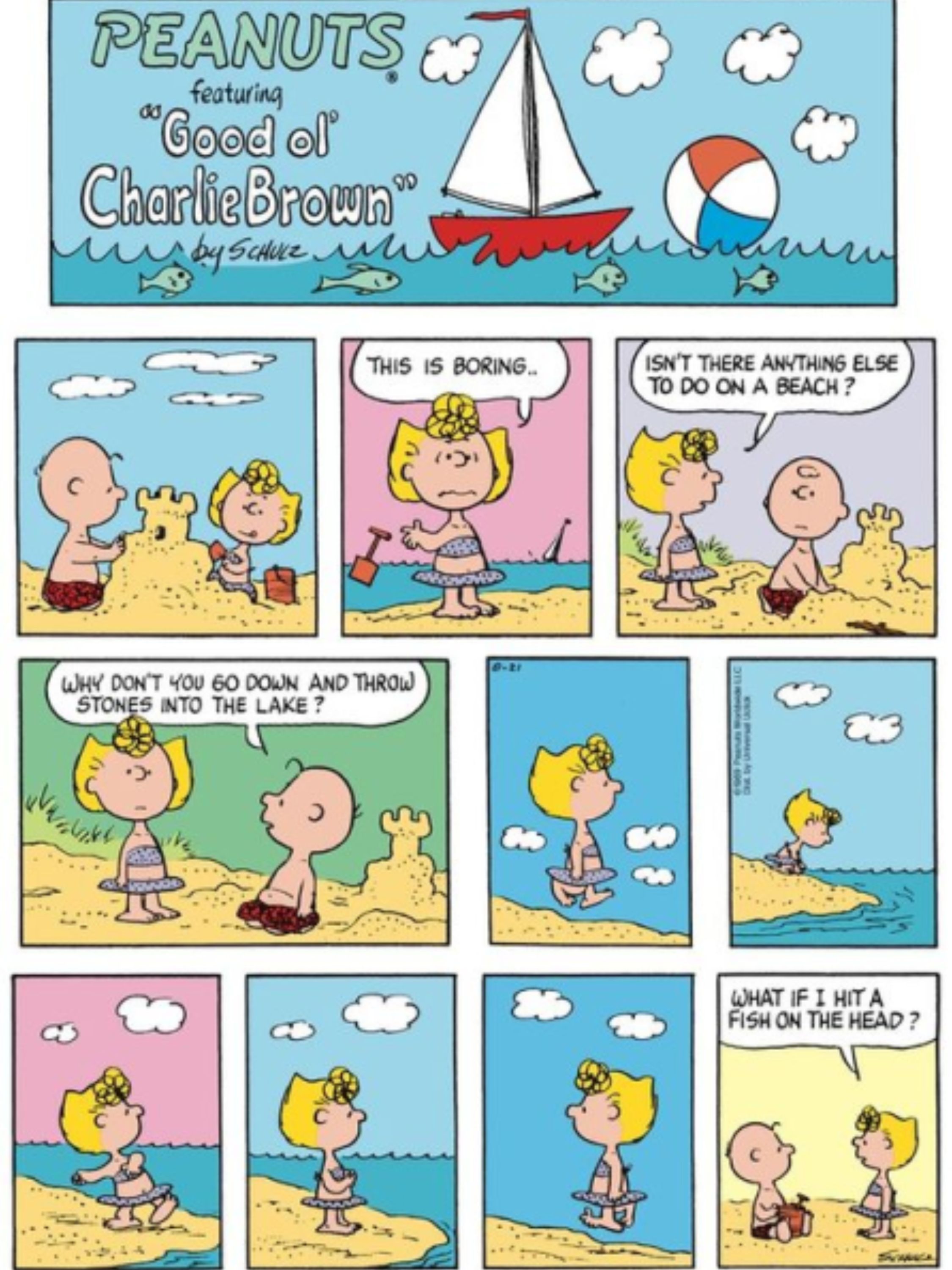Sally and Charlie Brown at the beach.