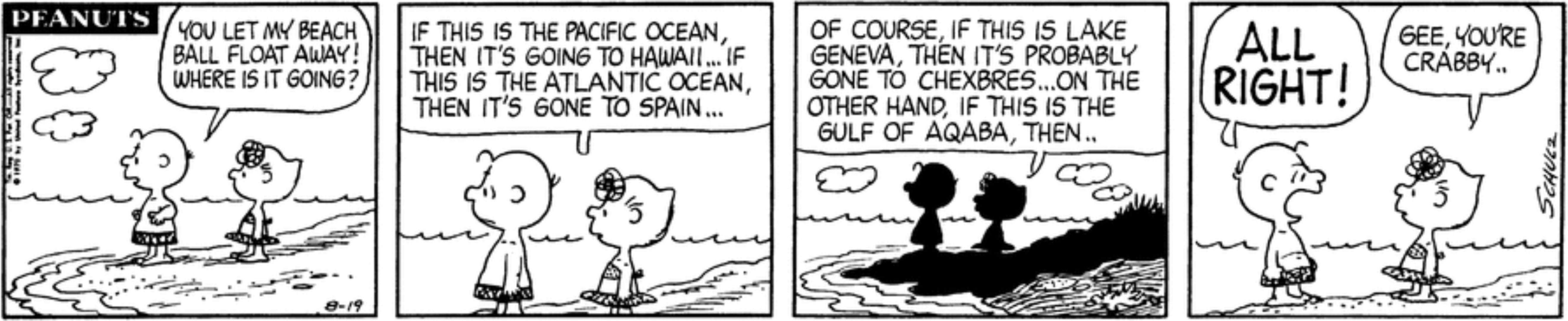 Charlie Brown and Sally at the beach in Peanuts.