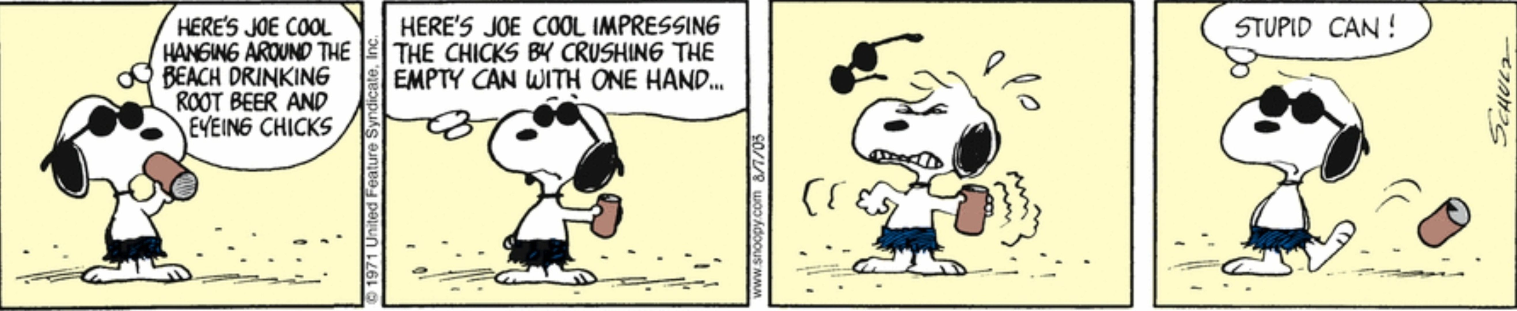 Snoopy as Joe Cool trying to crush a can at the beach.