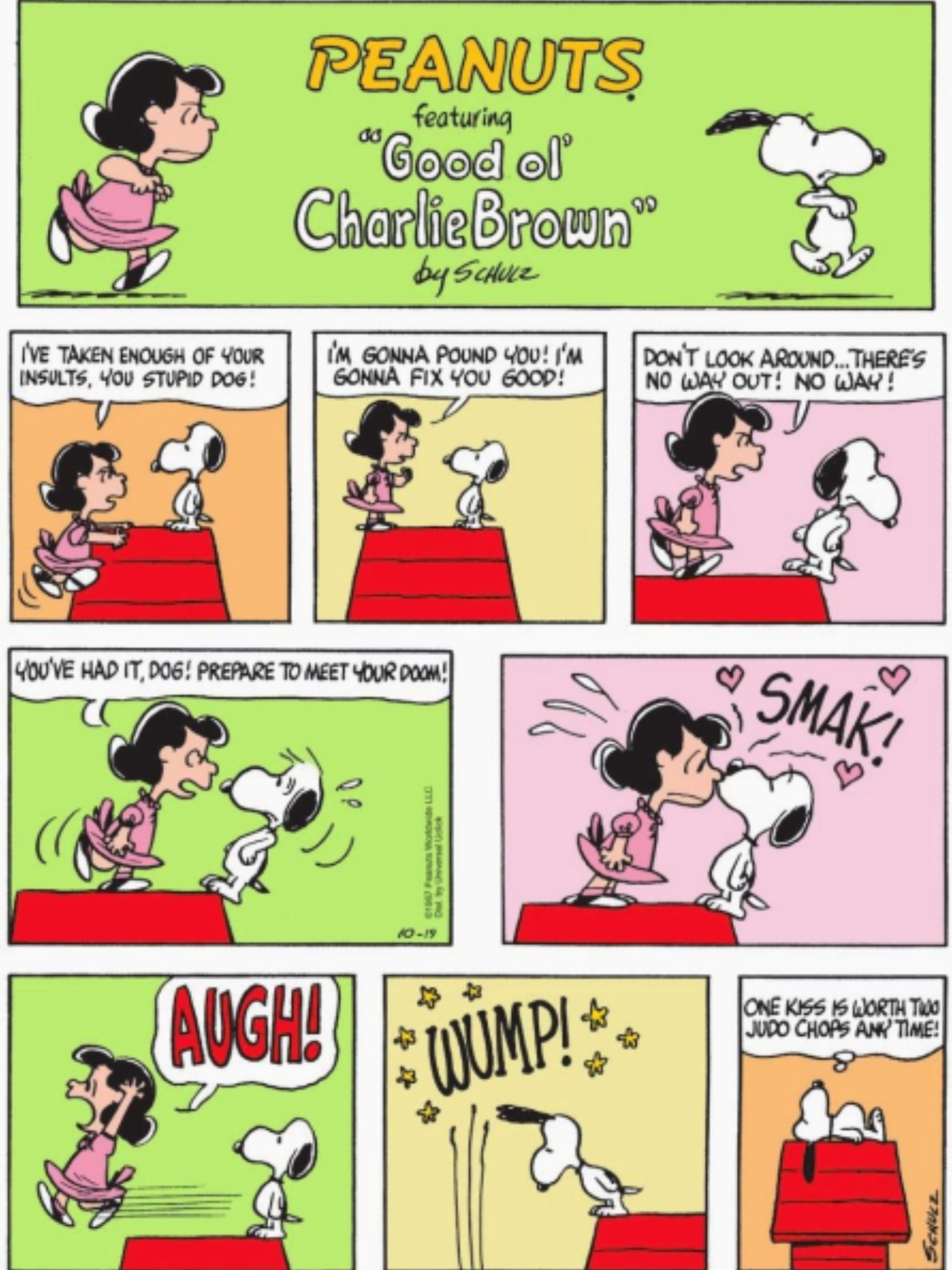 Snoopy beijando Lucy para evitar apanhar.