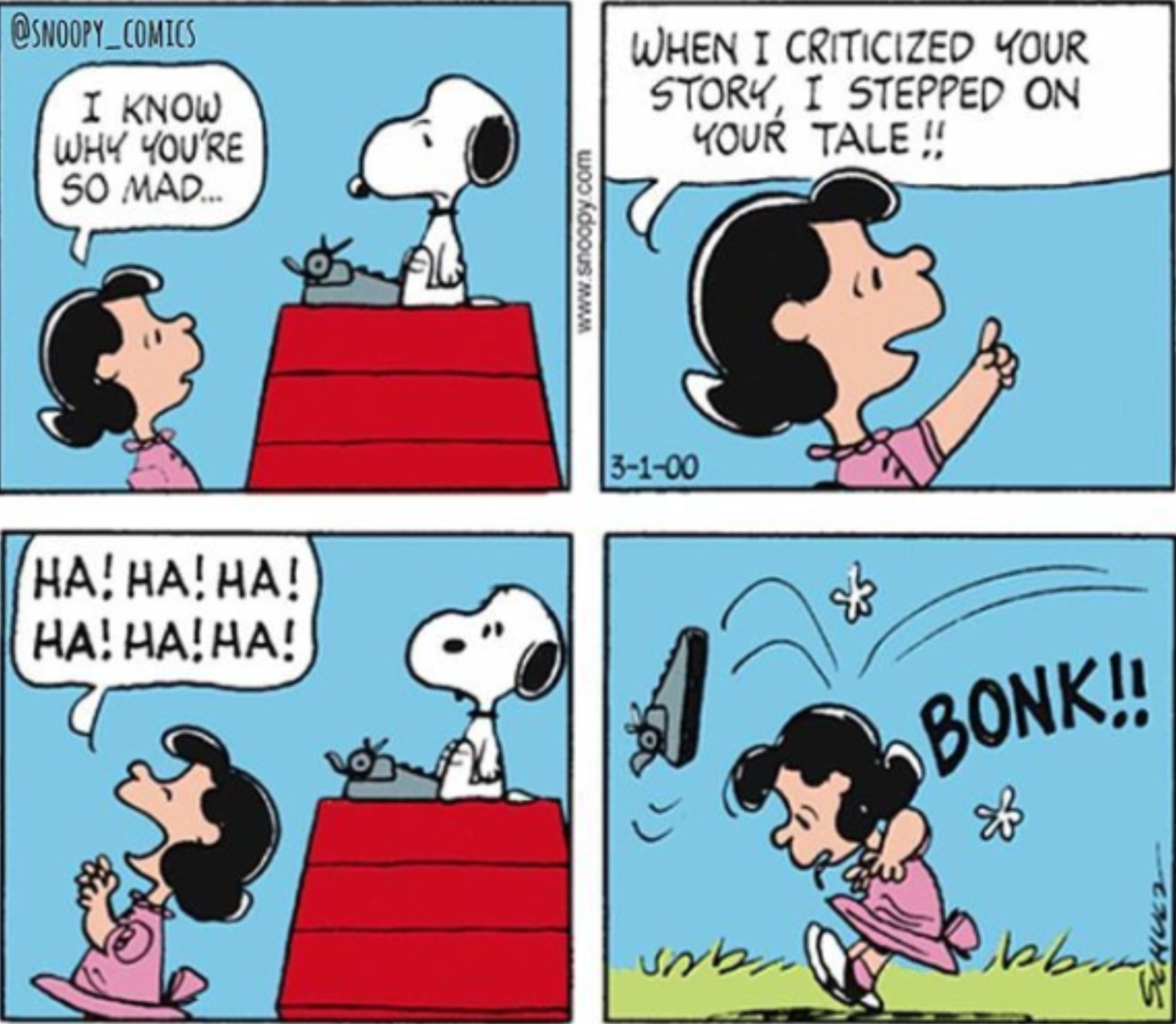 Snoopy jogando sua máquina de escrever em Lucy.