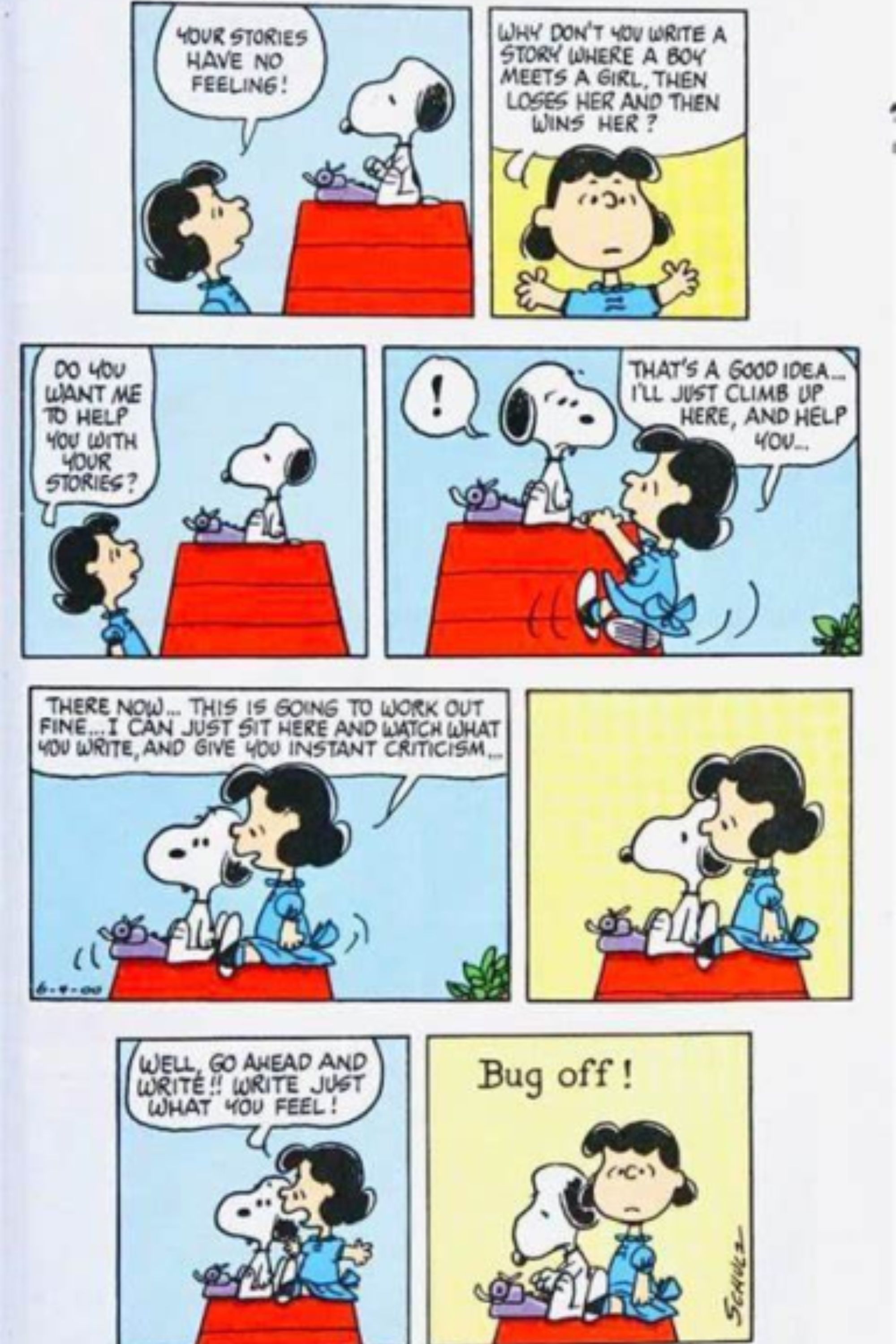 Lucy ajudando Snoopy a escrever Peanuts.