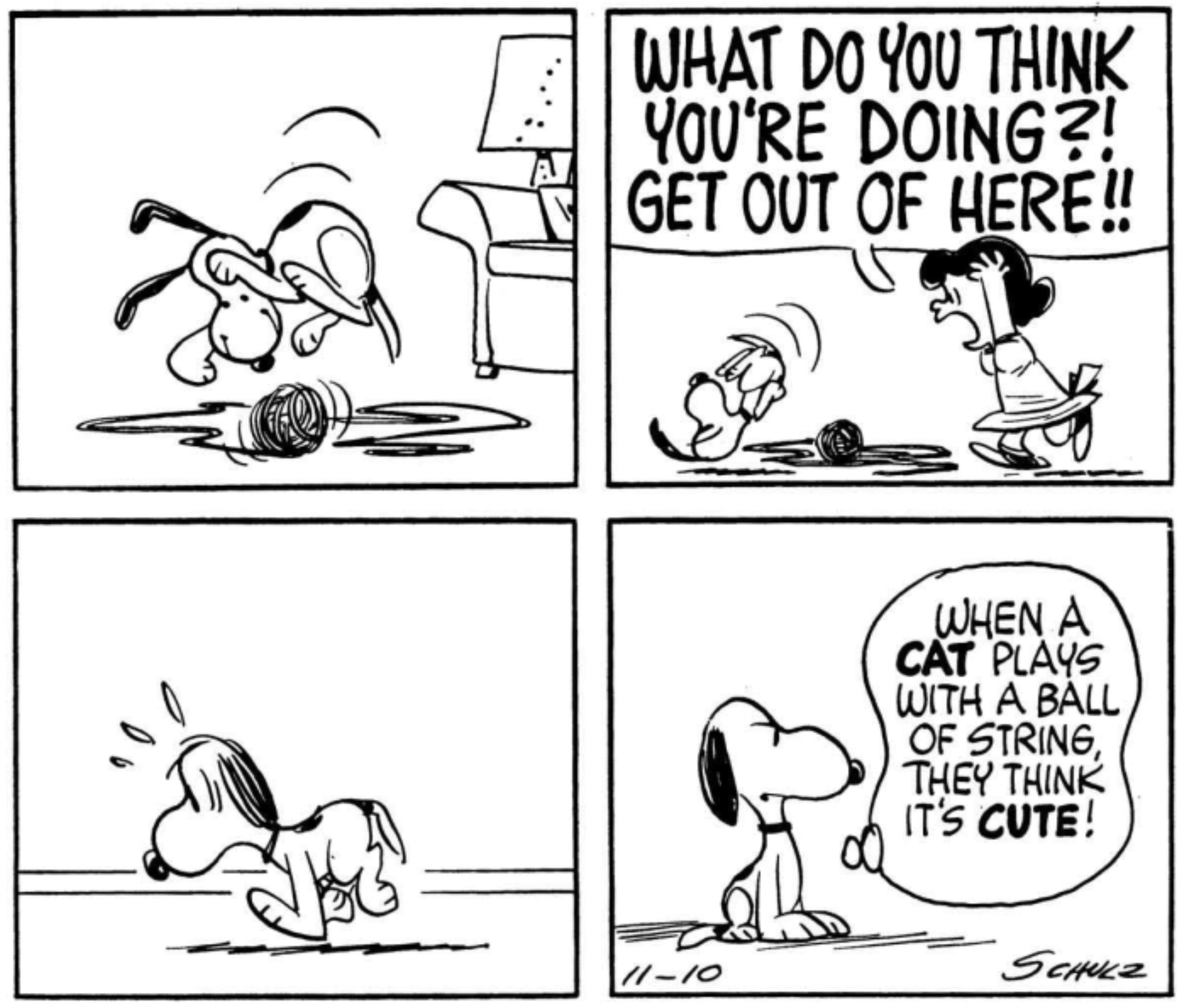 Snoopy brincando com lã e sendo gritado por Lucy.