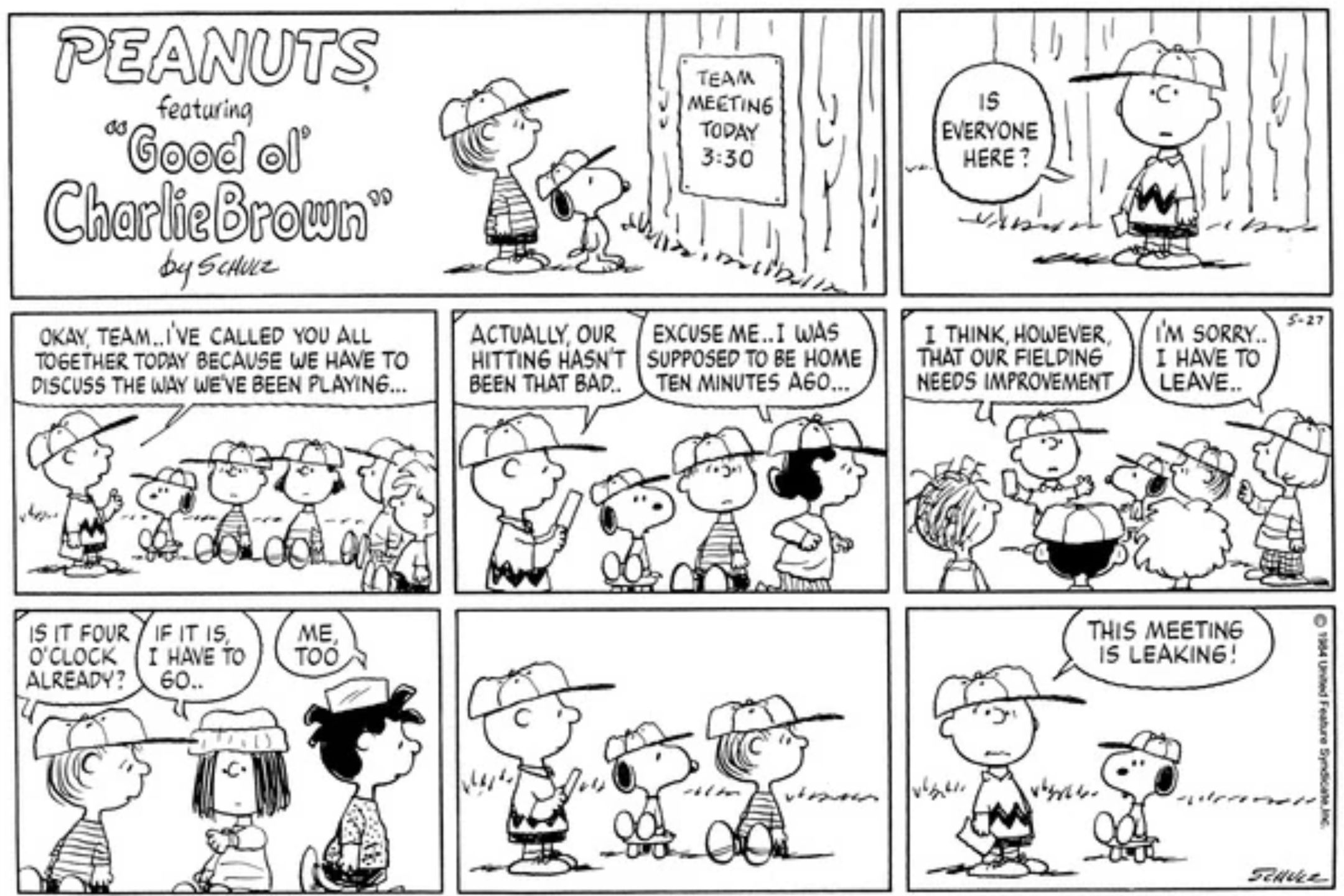 Peanuts, Charlie Brown holds a meeting for the baseball team, but its members steadily lose interest and leave.