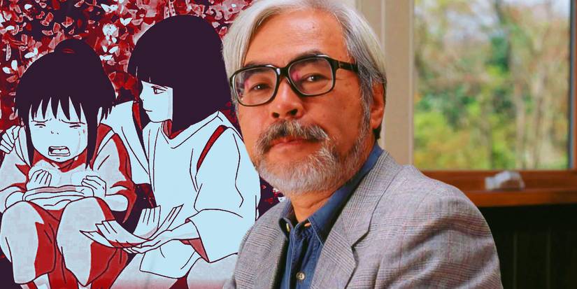 Miyazaki giving a small smile as Chihiro cries while Haku comforts her in Spirited Away.
