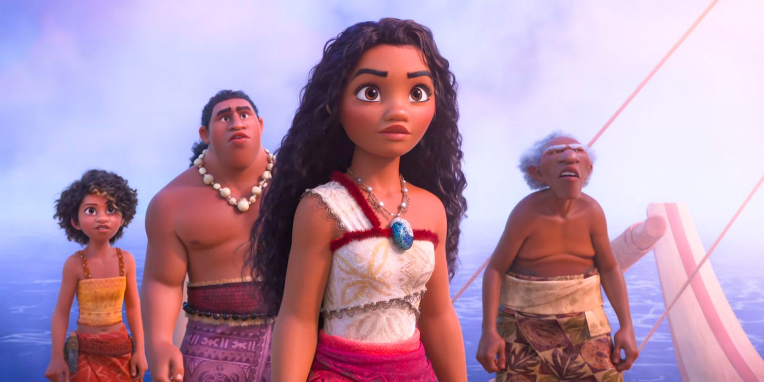 Moana and three other companions are looking at something while traveling in the ocean in Moana 2