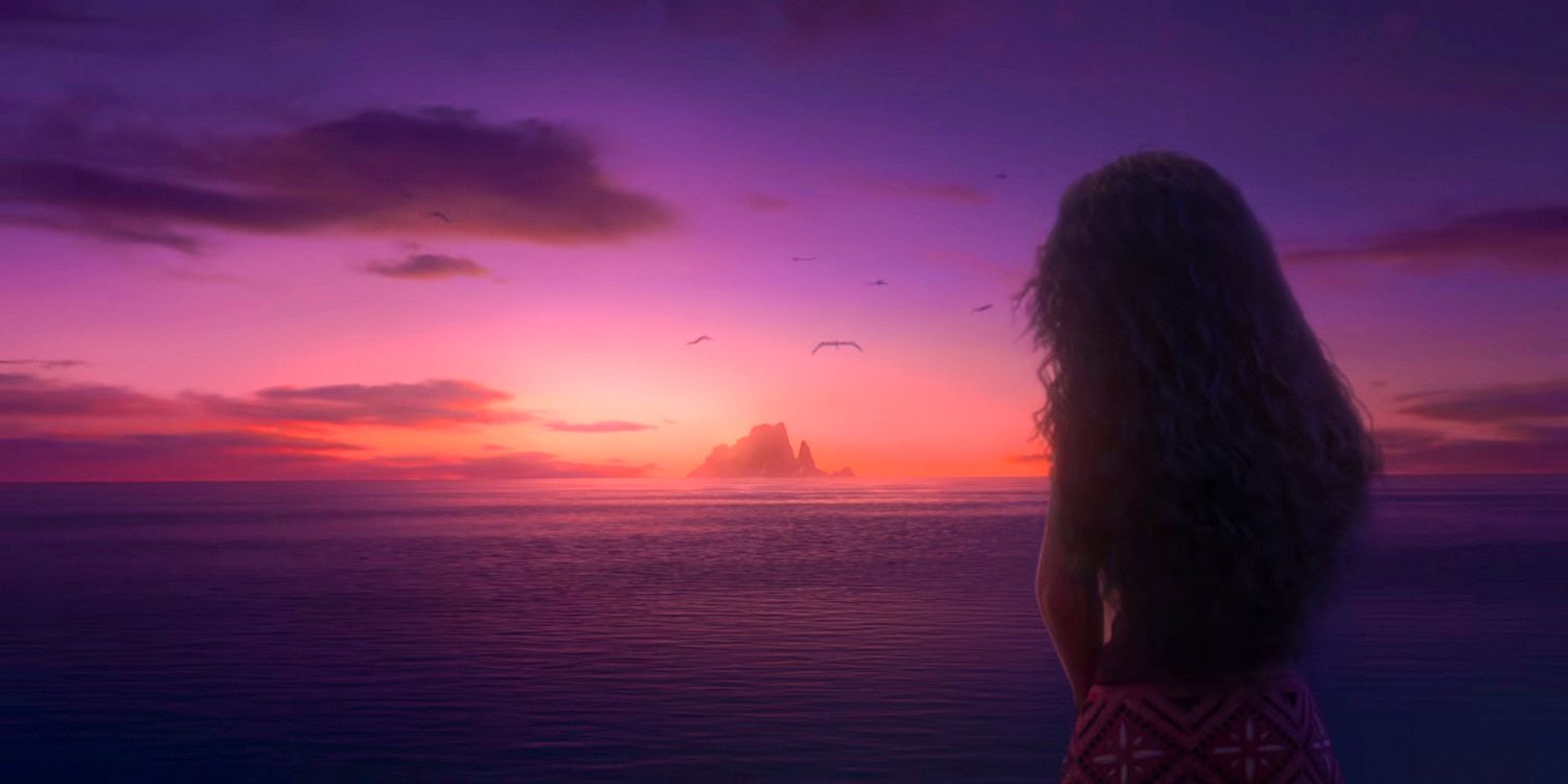 Moana olhando para o horizonte em Moana 2 