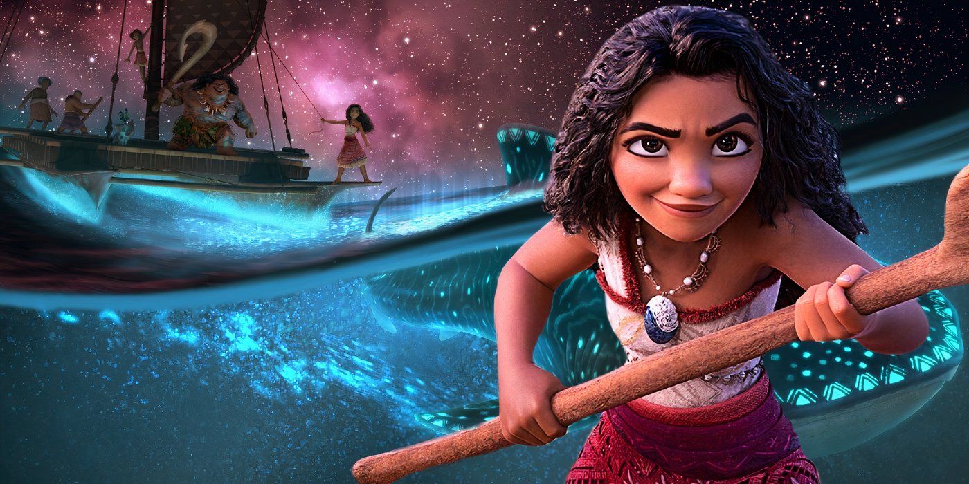 A composite image of Moana holding an oar in front of Moana and Maui riding on a boat, from the poster for Moana 2