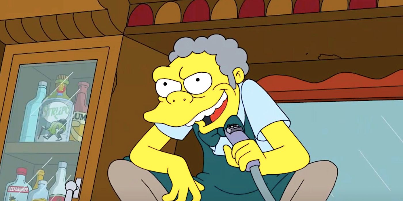 Moe huddled like a goblin singing into a hose in Moe's Tavern from The Simpsons season 35 episode 16
