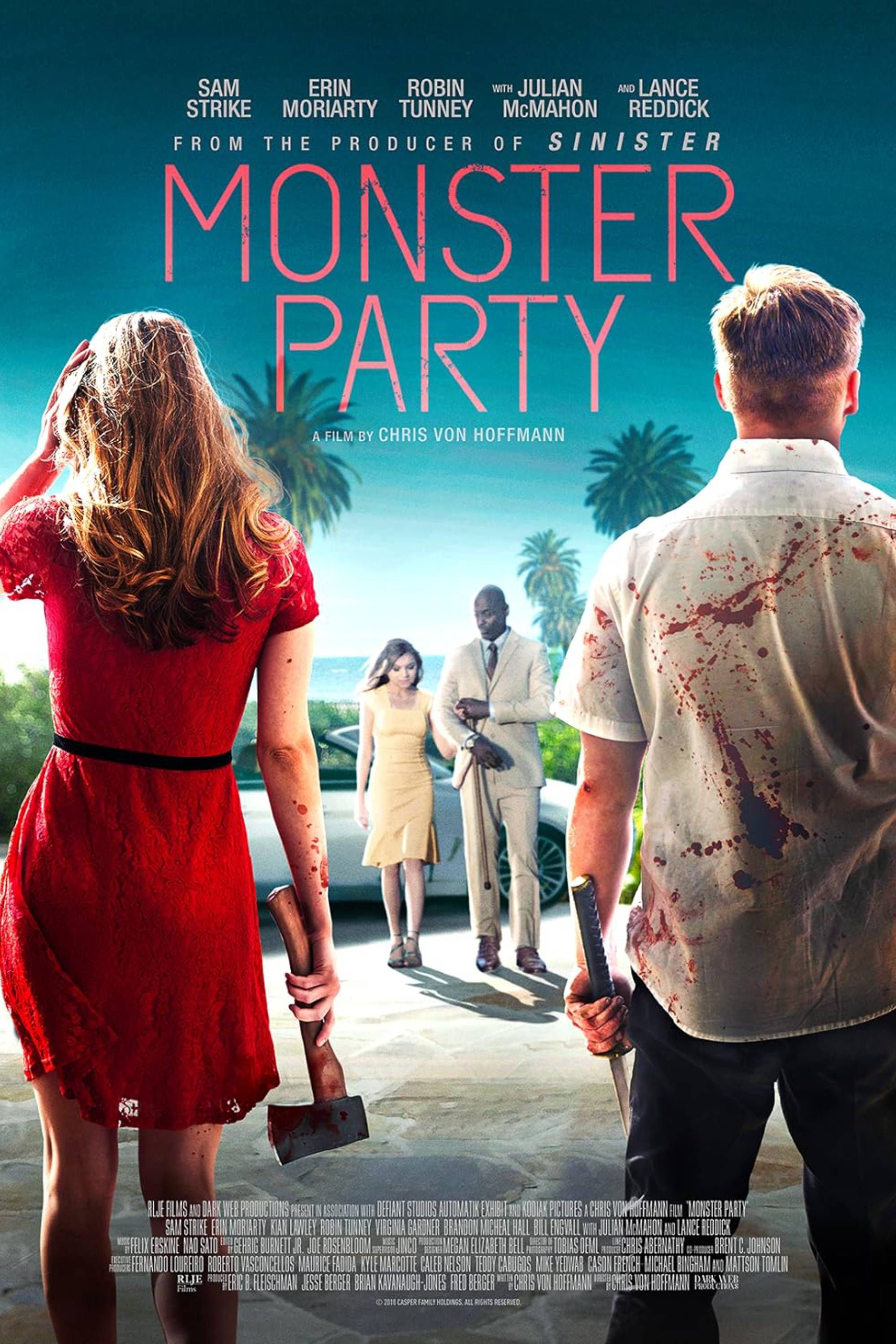 Monster Party (2018) - Poster - Sam Strike, Erin Moriarty &amp; Robin Tunney